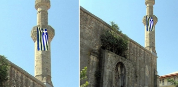 Dimetokadaki tarihi caminin minaresine Yunan bayra astlar