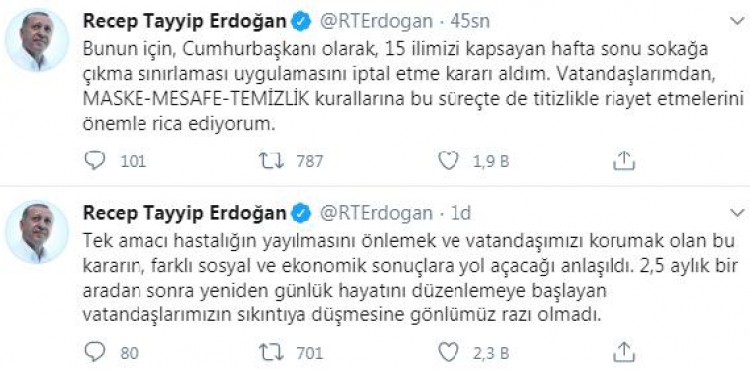 Cumhurbakan Erdoan: Hafta sonu sokaa kma snrlamasn iptal etme karar aldm