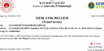 Kayseri Bykehir Belediyesi hizmet binasnda Sfr Atk Ynetim Sistemini kurarak, Sfr Atk Belgesini almaya hak kazand.