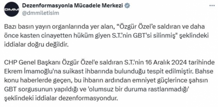 DMM: Özgür Özel'e saldıran kişinin GBT'sinin silindiği iddiaları doğru değil