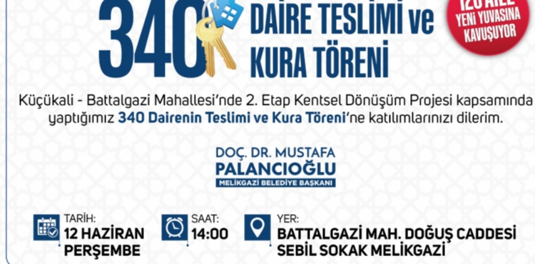 MELİKGAZİ BELEDİYESİ 340 DAİRENİN TESLİMİ VE KURA TÖRENİNİ GERÇEKLEŞTİRECEK